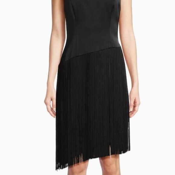 Liv Foster Mock Neck Sleeveless Midi Asymmetrical Fringe Crepe Dress Size 8 New - Picture 11 of 16